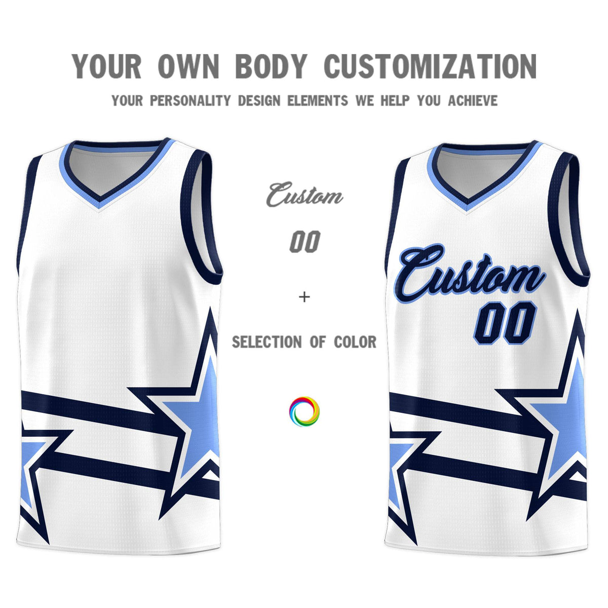 Custom White Basketball Kits With Light Blue Star Pattern And Double Lines