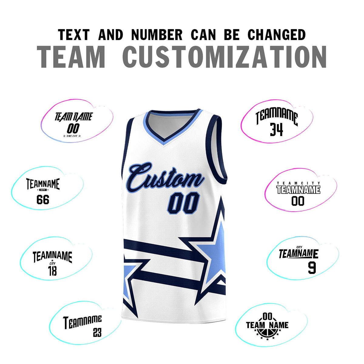 Custom White Basketball Kits With Light Blue Star Pattern And Double Lines