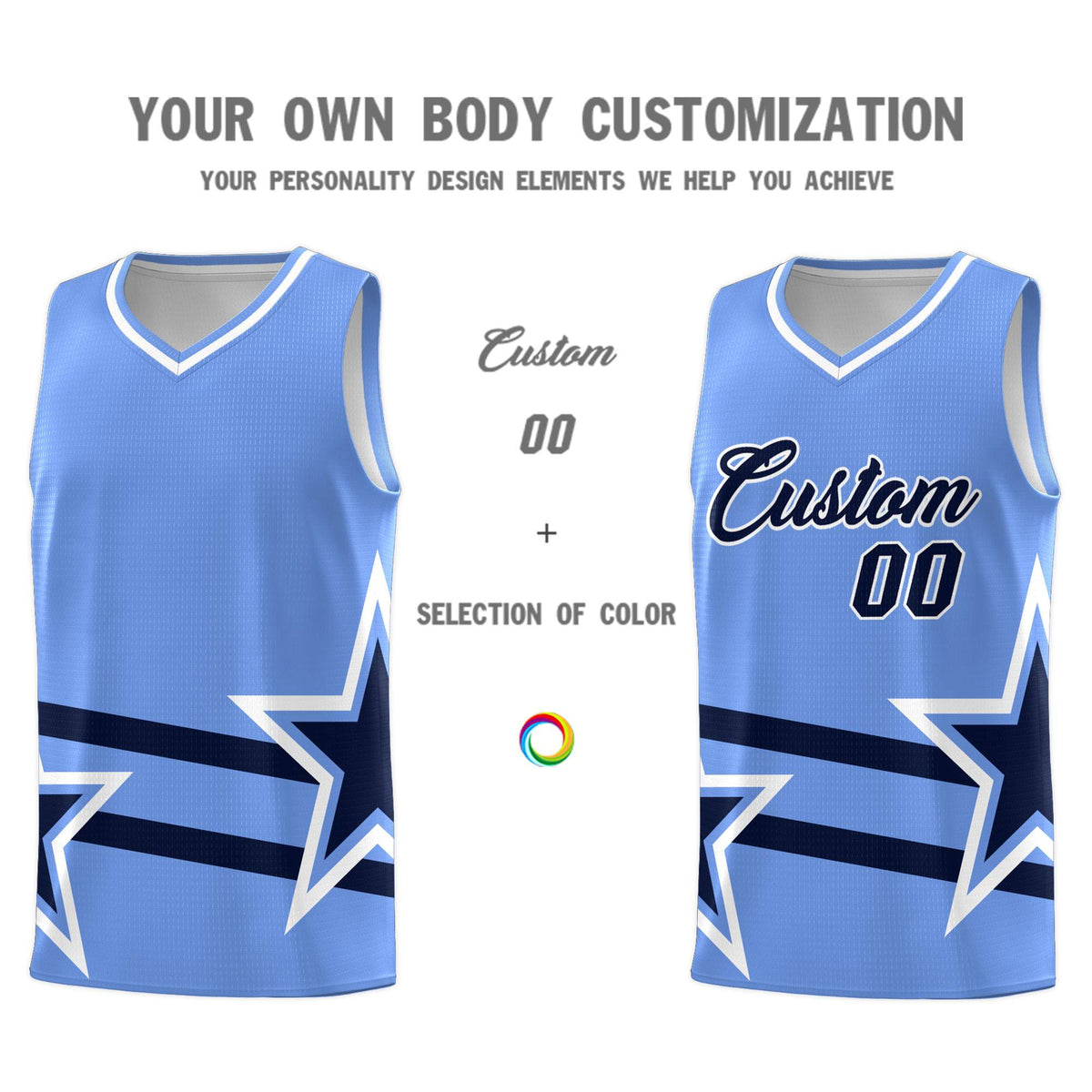 Custom Light Blue Basketball Kits With Navy Star Pattern And Double Lines