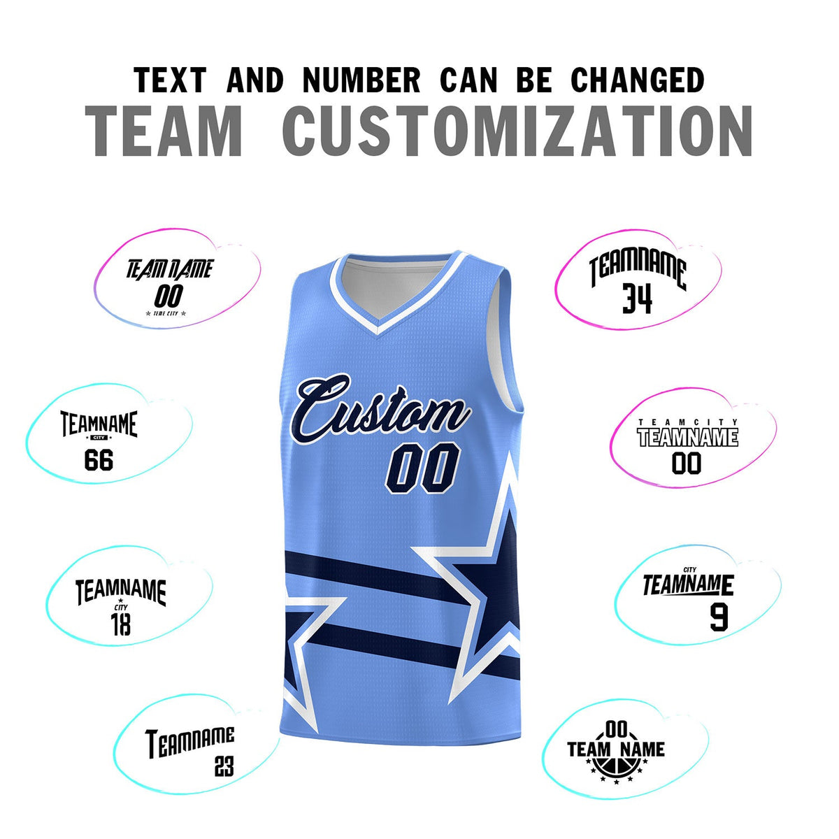 Custom Light Blue Basketball Kits With Navy Star Pattern And Double Lines