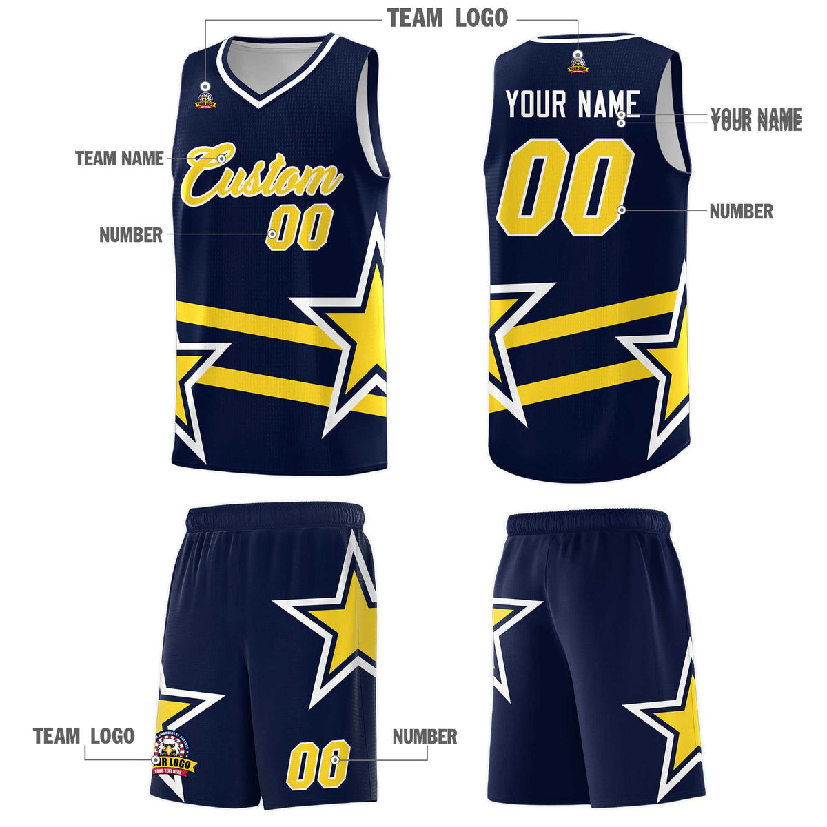 Custom Navy Basketball Kits With Gold Star Pattern And Double Lines