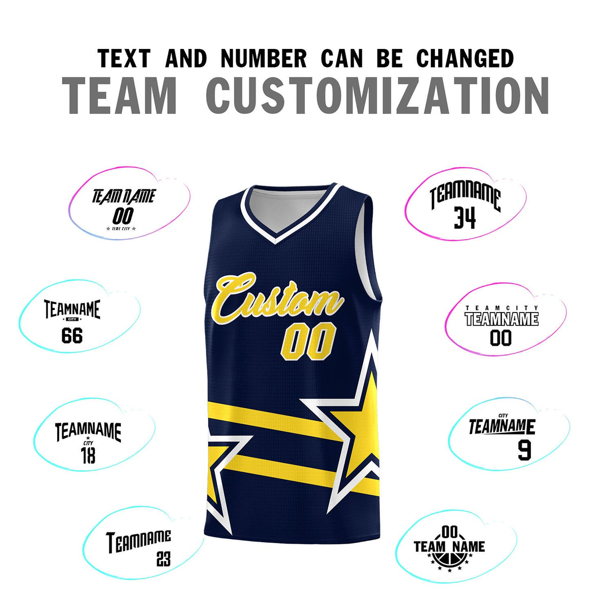 Custom Navy Basketball Kits With Gold Star Pattern And Double Lines
