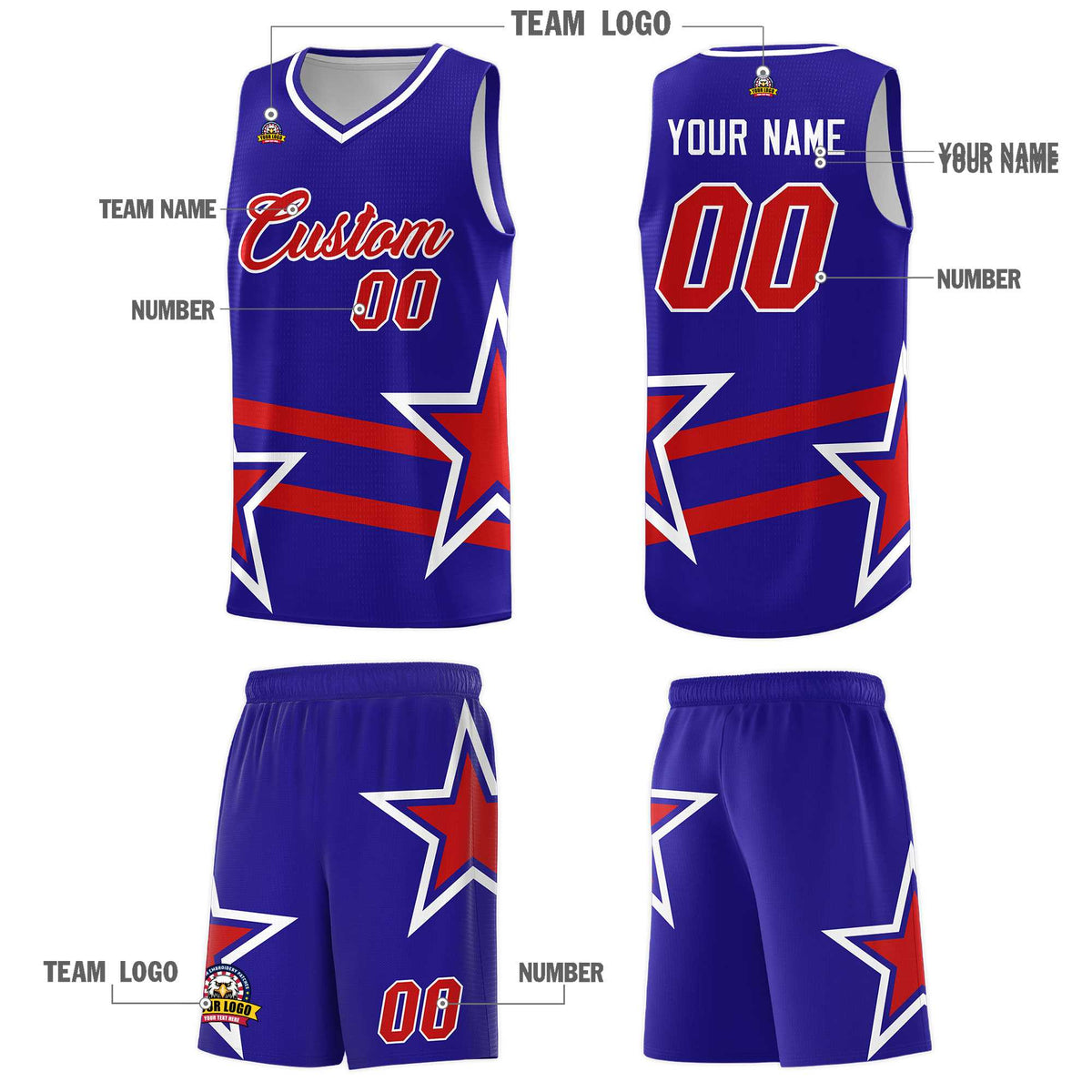 Custom Royal Basketball Kits With Red Star Pattern And Double Lines