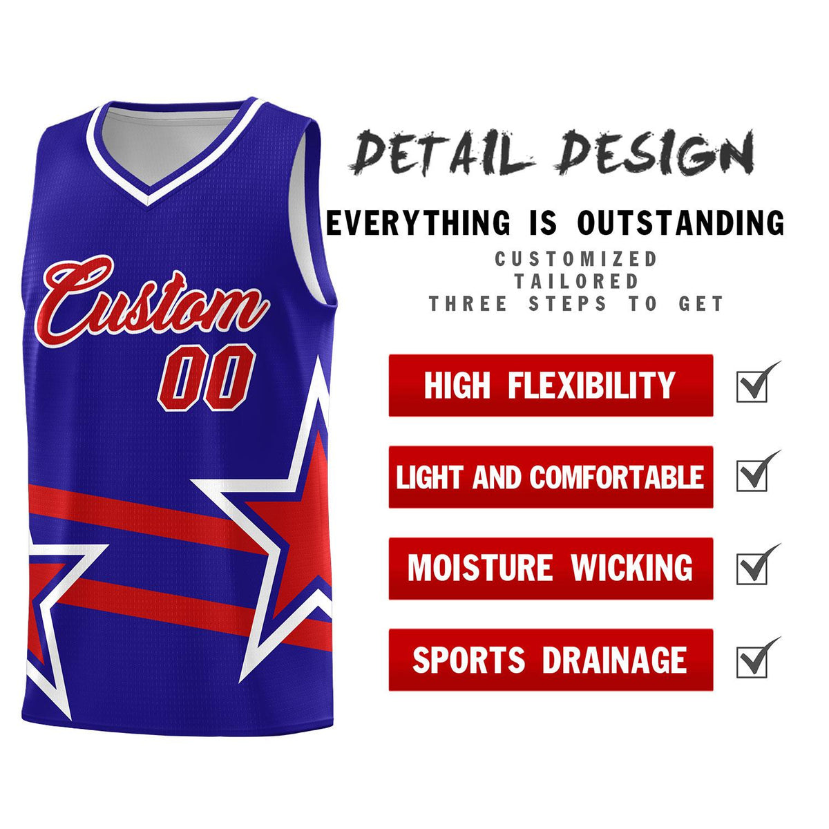 Custom Royal Basketball Kits With Red Star Pattern And Double Lines
