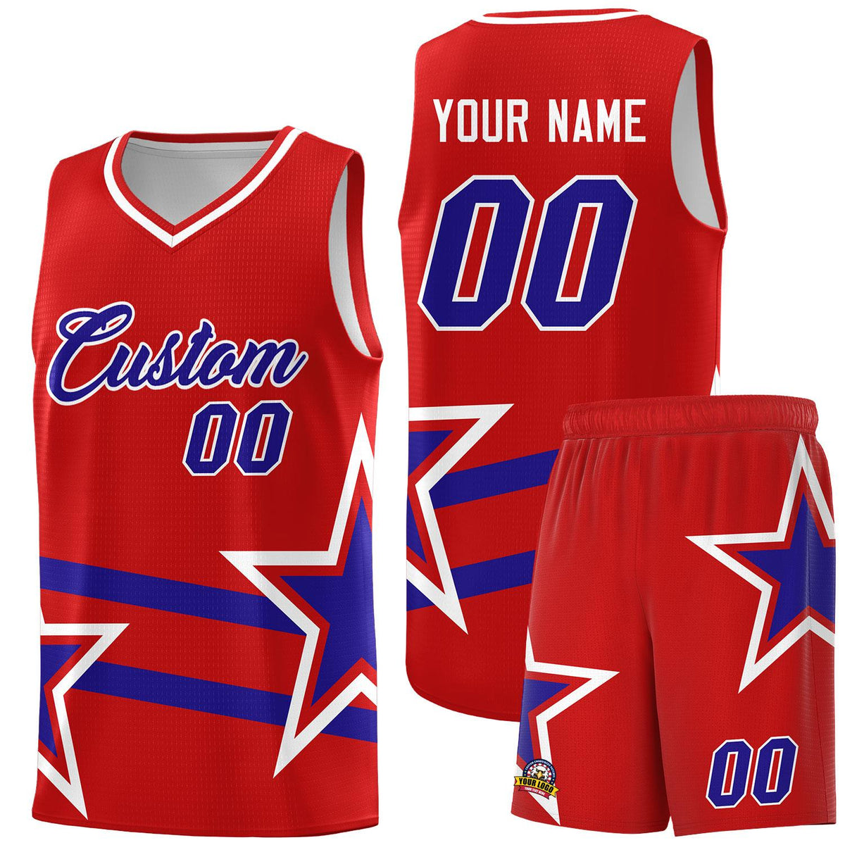 Custom Red Basketball Kits With Royal Star Pattern And Double Lines