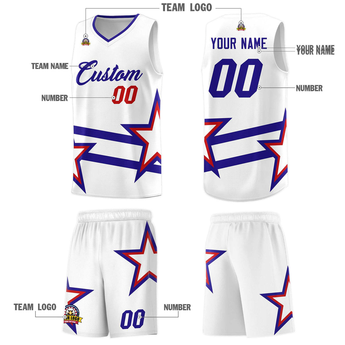 Custom Red Basketball Kits With Royal Star Pattern And Double Lines