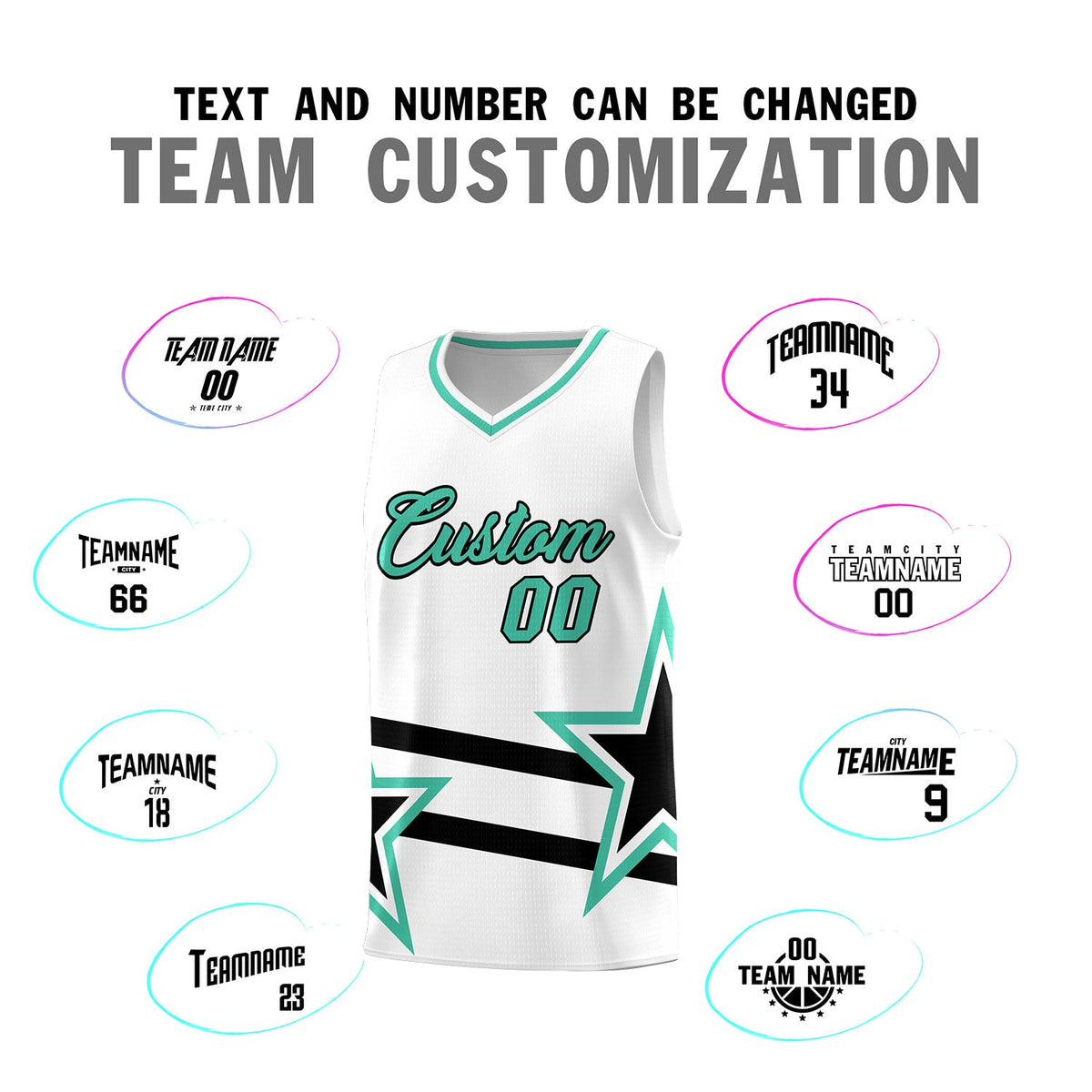 Custom White Basketball Kits With Bright Green Star Pattern And Double Lines
