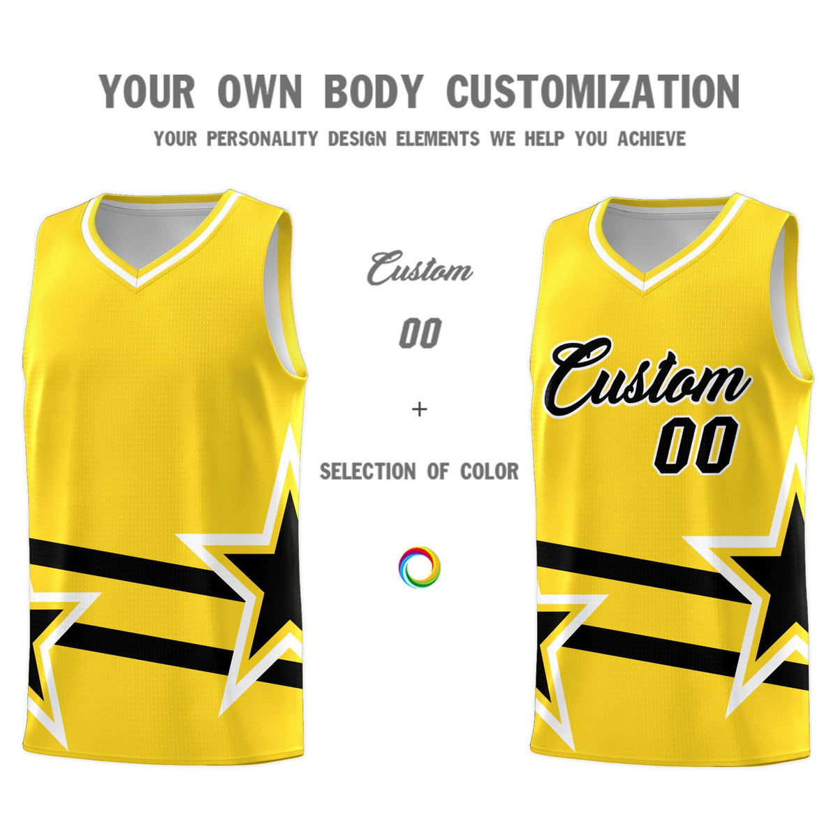Custom Gold Basketball Kits With Black Star Pattern And Double Lines