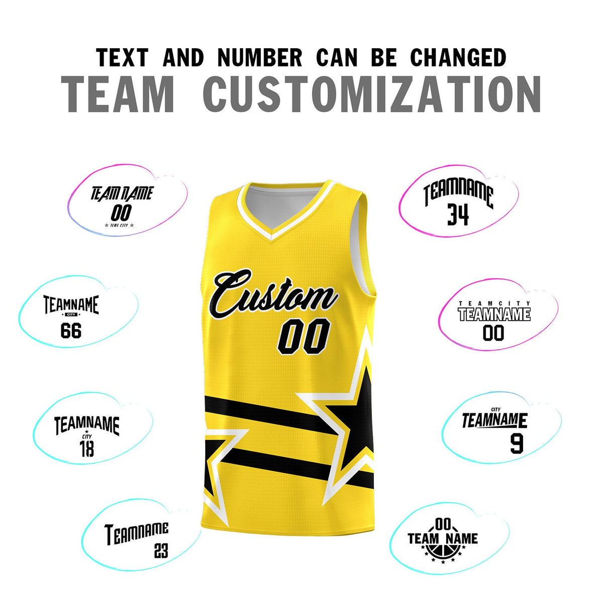 Custom Gold Basketball Kits With Black Star Pattern And Double Lines