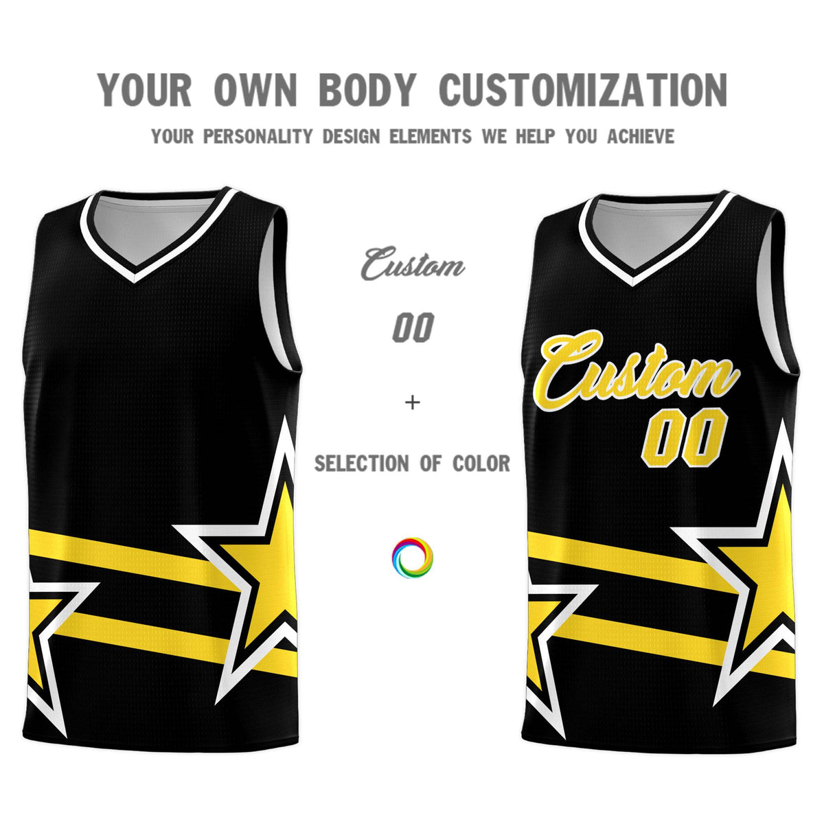 Custom Black Basketball Kits With Gold Star Pattern And Double Lines