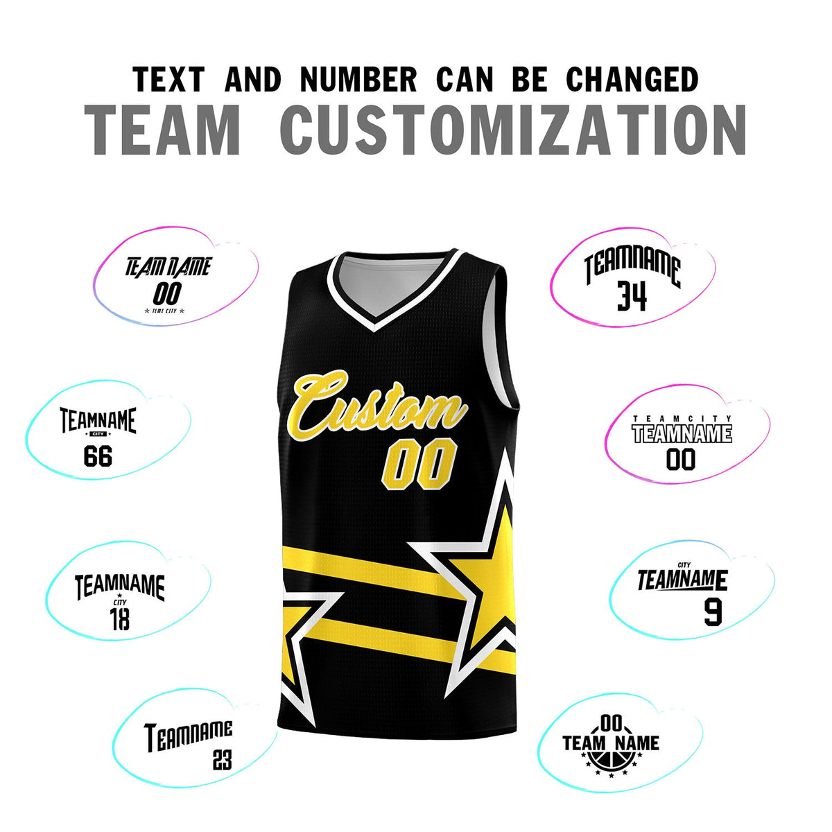 Custom Black Basketball Kits With Gold Star Pattern And Double Lines