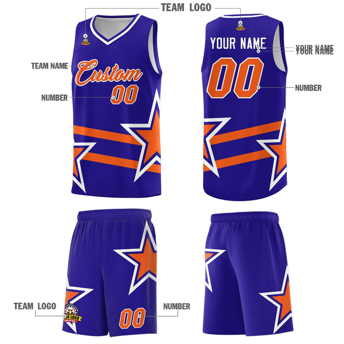 Custom Royal Basketball Kits With Orange Star Pattern And Double Lines