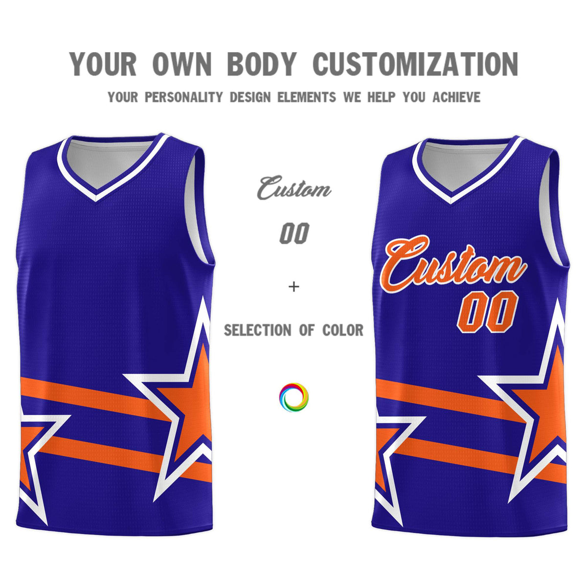 Custom Royal Basketball Kits With Orange Star Pattern And Double Lines