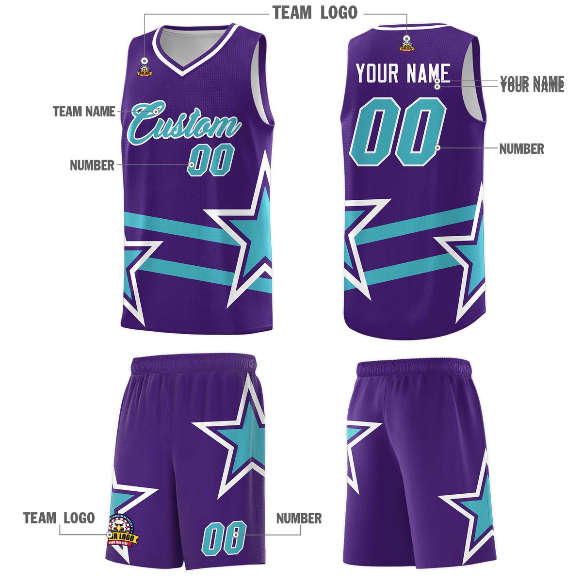 Custom Purple Basketball Kits With Sky Blue Star Pattern And Double Lines