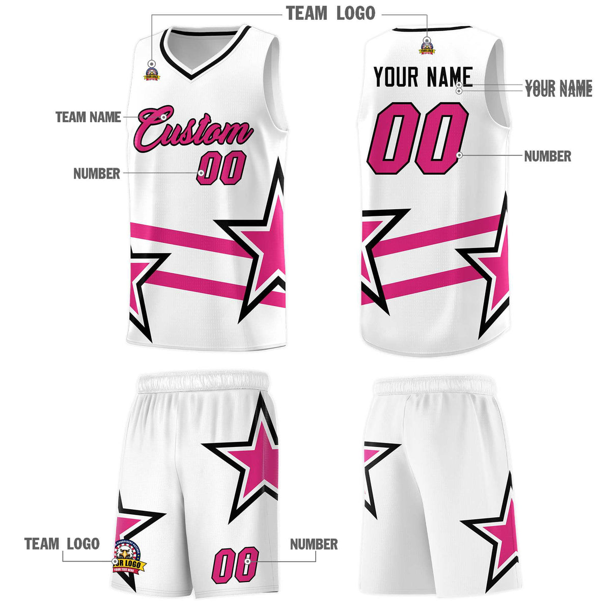Custom White Basketball Kits With Rose Red Star Pattern And Double Lines