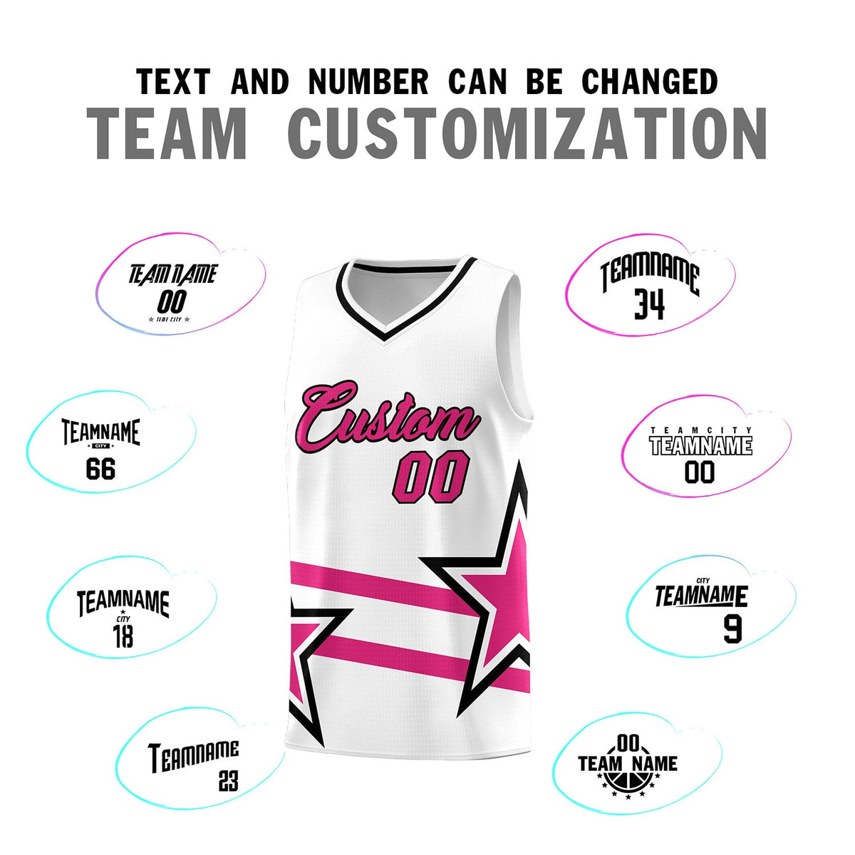 Custom White Basketball Kits With Rose Red Star Pattern And Double Lines