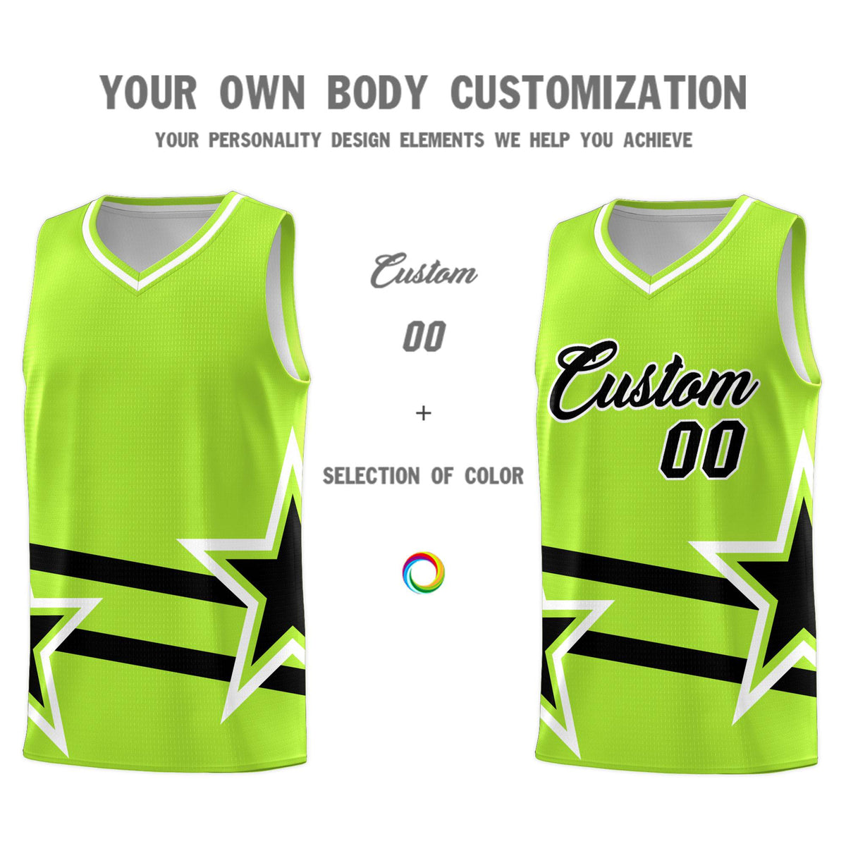 Custom Neon Green Basketball Kits With Black Star Pattern And Double Lines