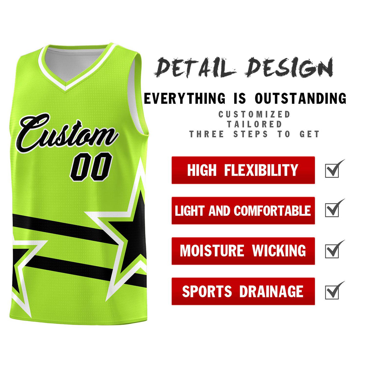 Custom Neon Green Basketball Kits With Black Star Pattern And Double Lines