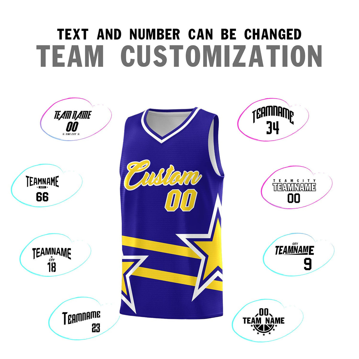 Custom Royal Basketball Kits With Gold Star Pattern And Double Lines