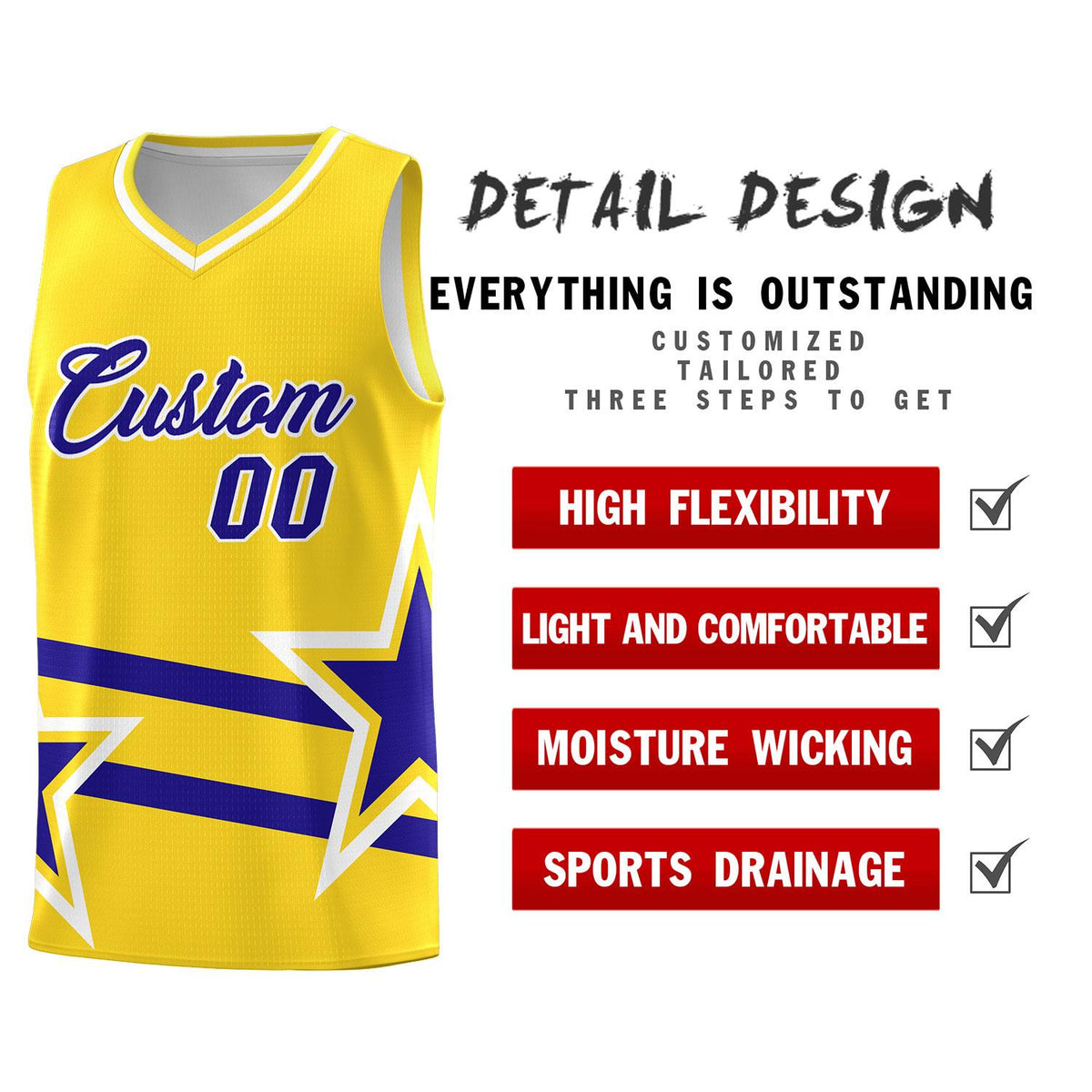 Custom Gold Basketball Kits With Royal Star Pattern And Double Lines