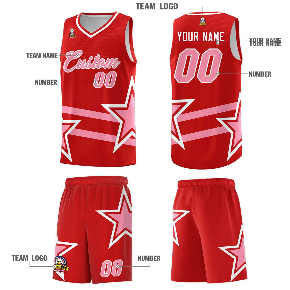 Custom Red Basketball Kits With Light Pink Star Pattern And Double Lines