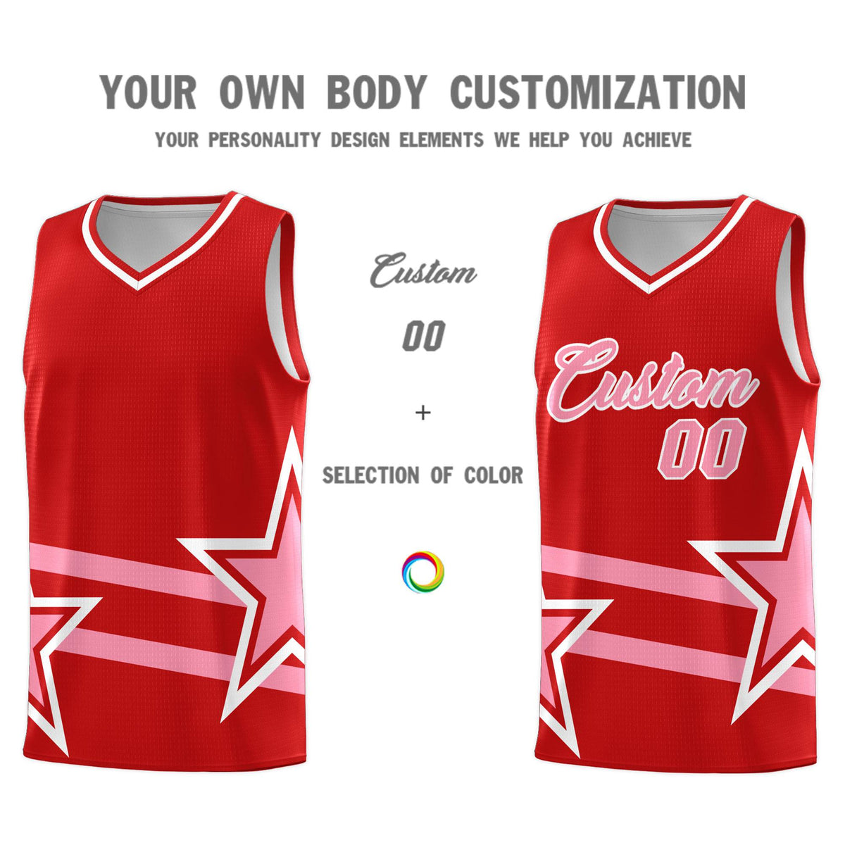 Custom Red Basketball Kits With Light Pink Star Pattern And Double Lines