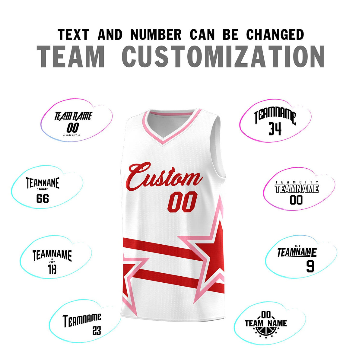 Custom White Basketball Kits With Red Star Pattern And Double Lines