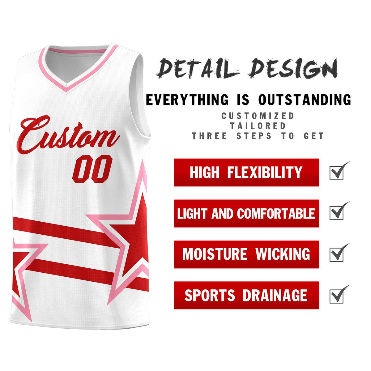Custom White Basketball Kits With Red Star Pattern And Double Lines