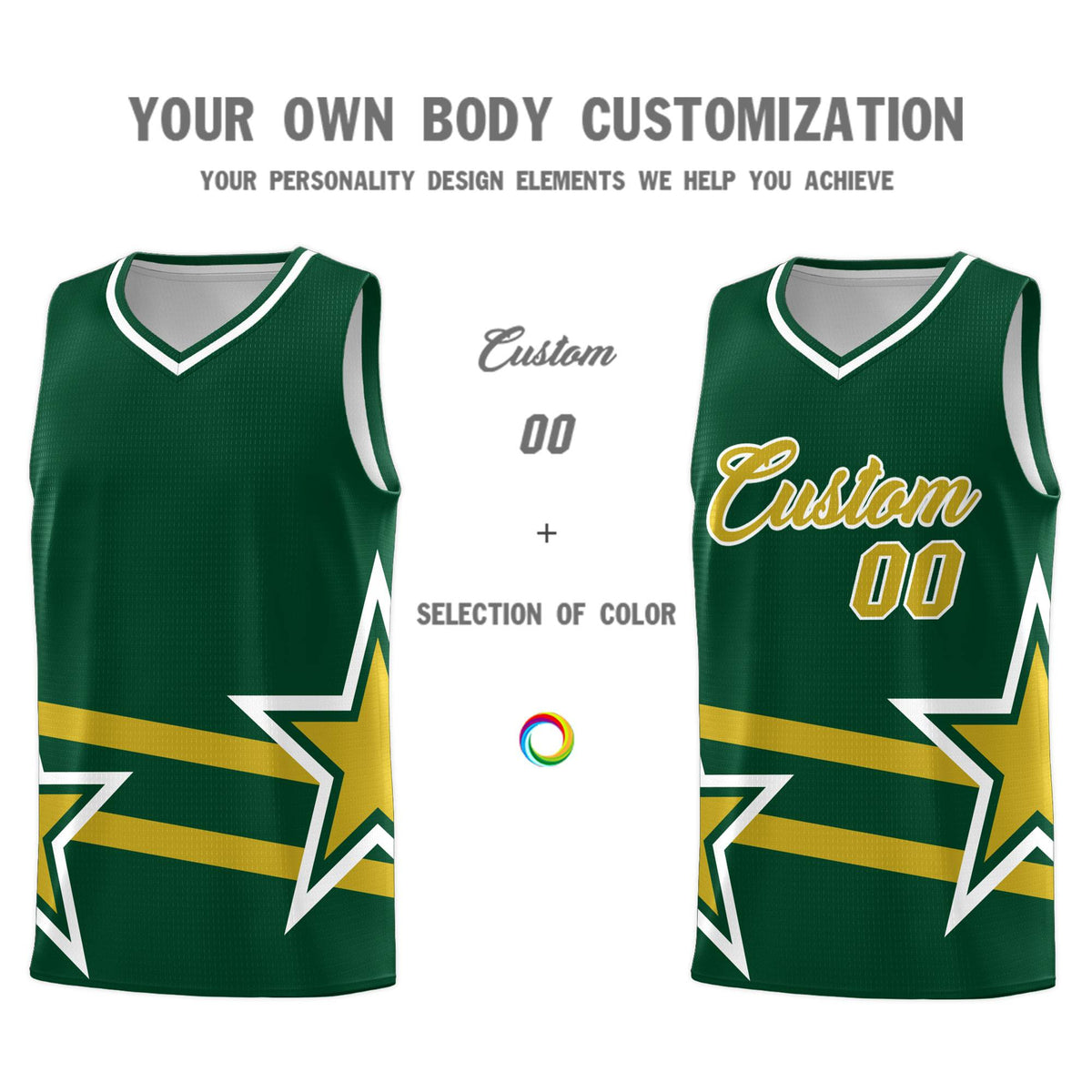 Custom Green Basketball Kits With Old Gold Star Pattern And Double Lines
