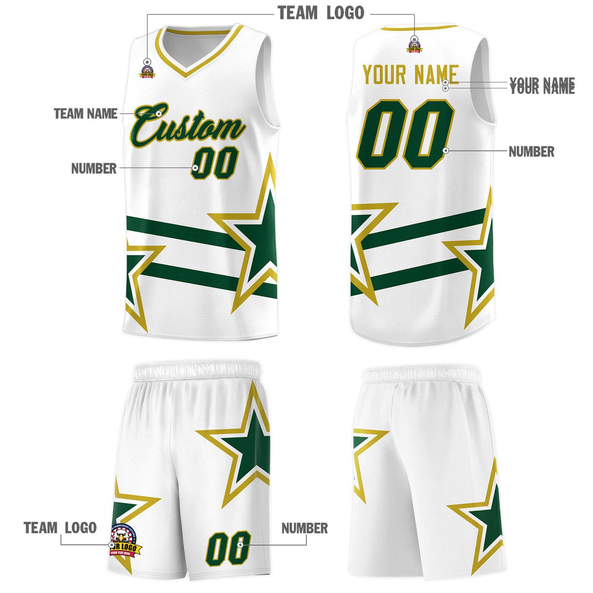 Custom White Basketball Kits With Green Star Pattern And Double Lines