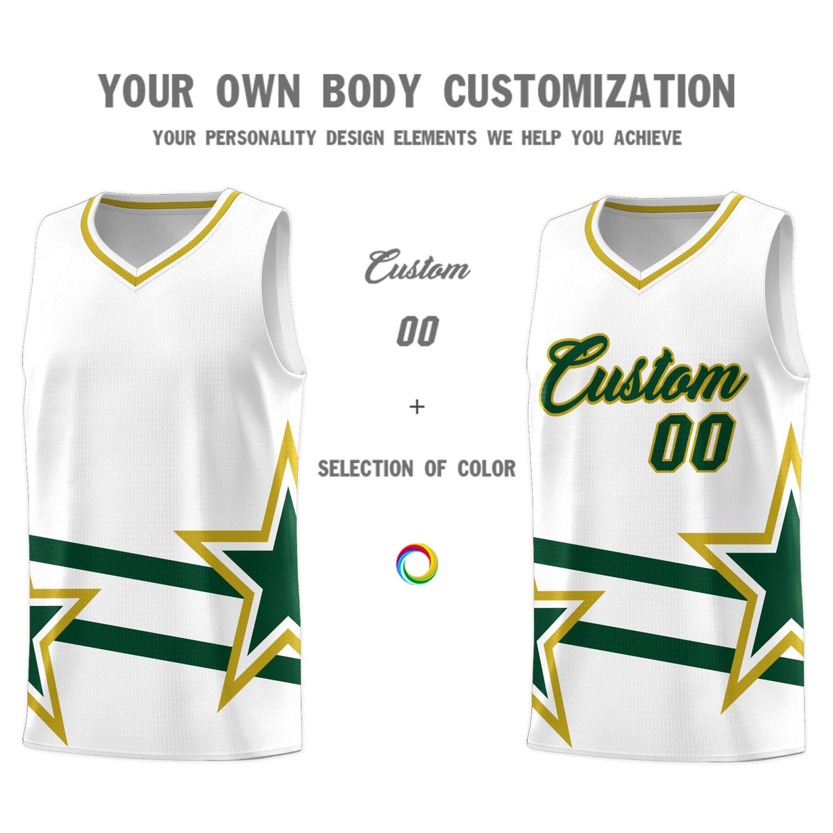 Custom White Basketball Kits With Green Star Pattern And Double Lines