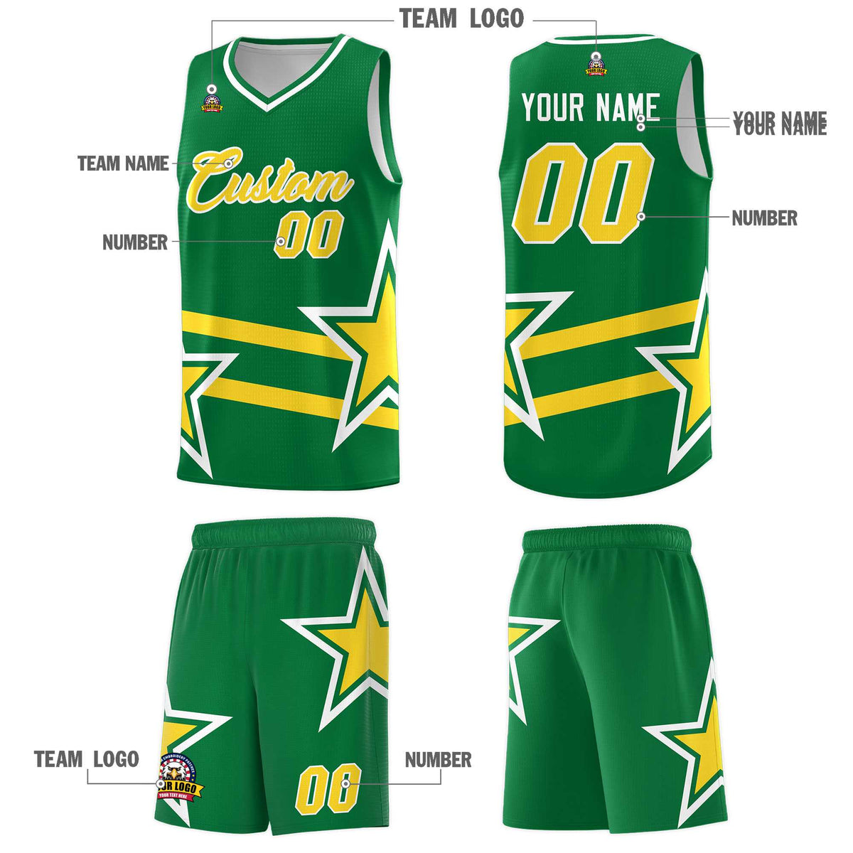 Custom Kelly Green Basketball Kits With Gold Star Pattern And Double Lines