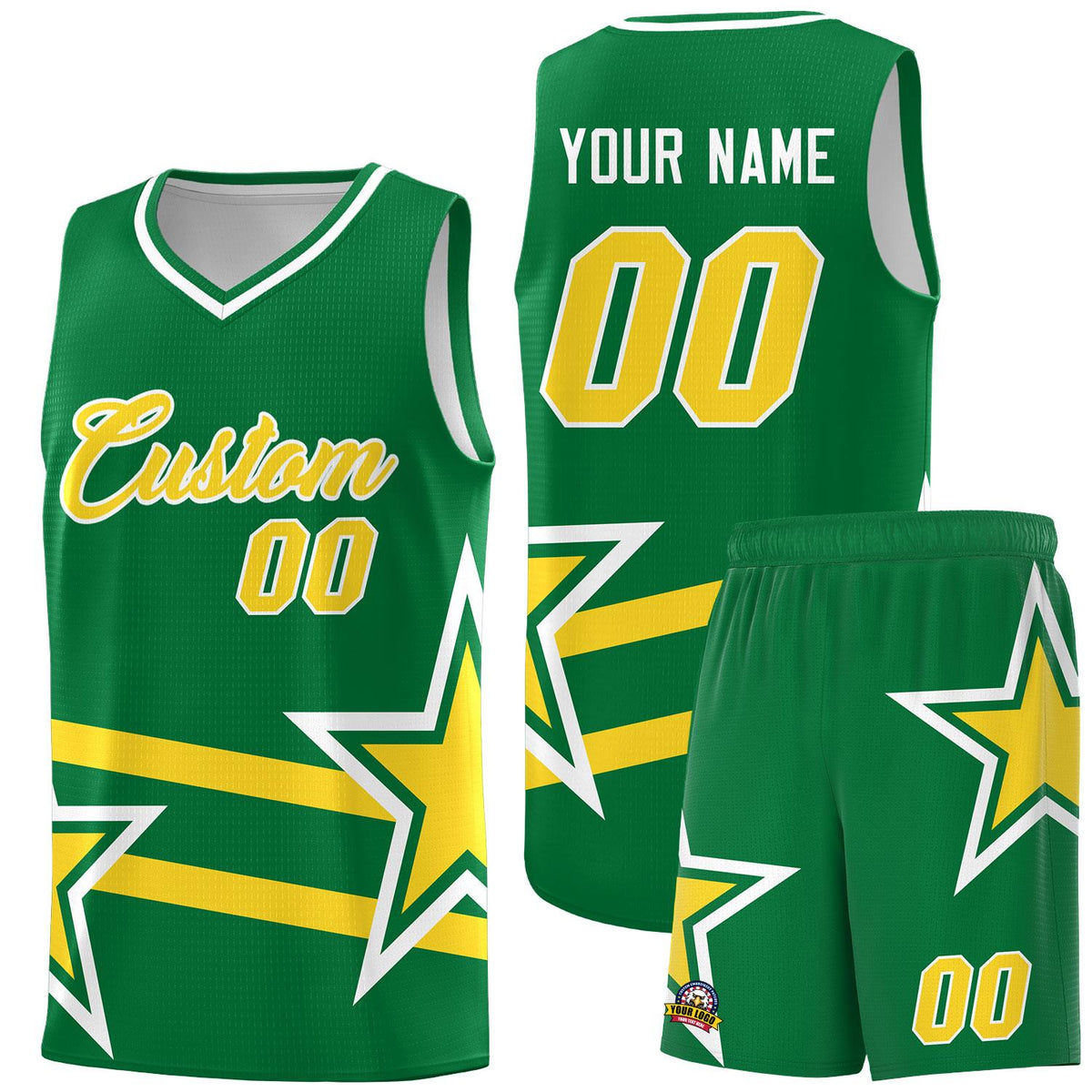 Custom Kelly Green Basketball Kits With Gold Star Pattern And Double Lines