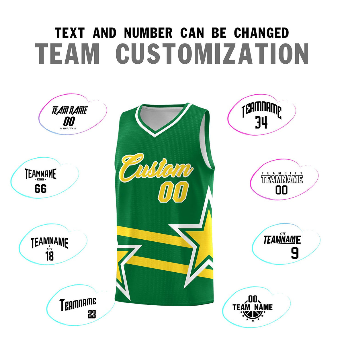 Custom Kelly Green Basketball Kits With Gold Star Pattern And Double Lines
