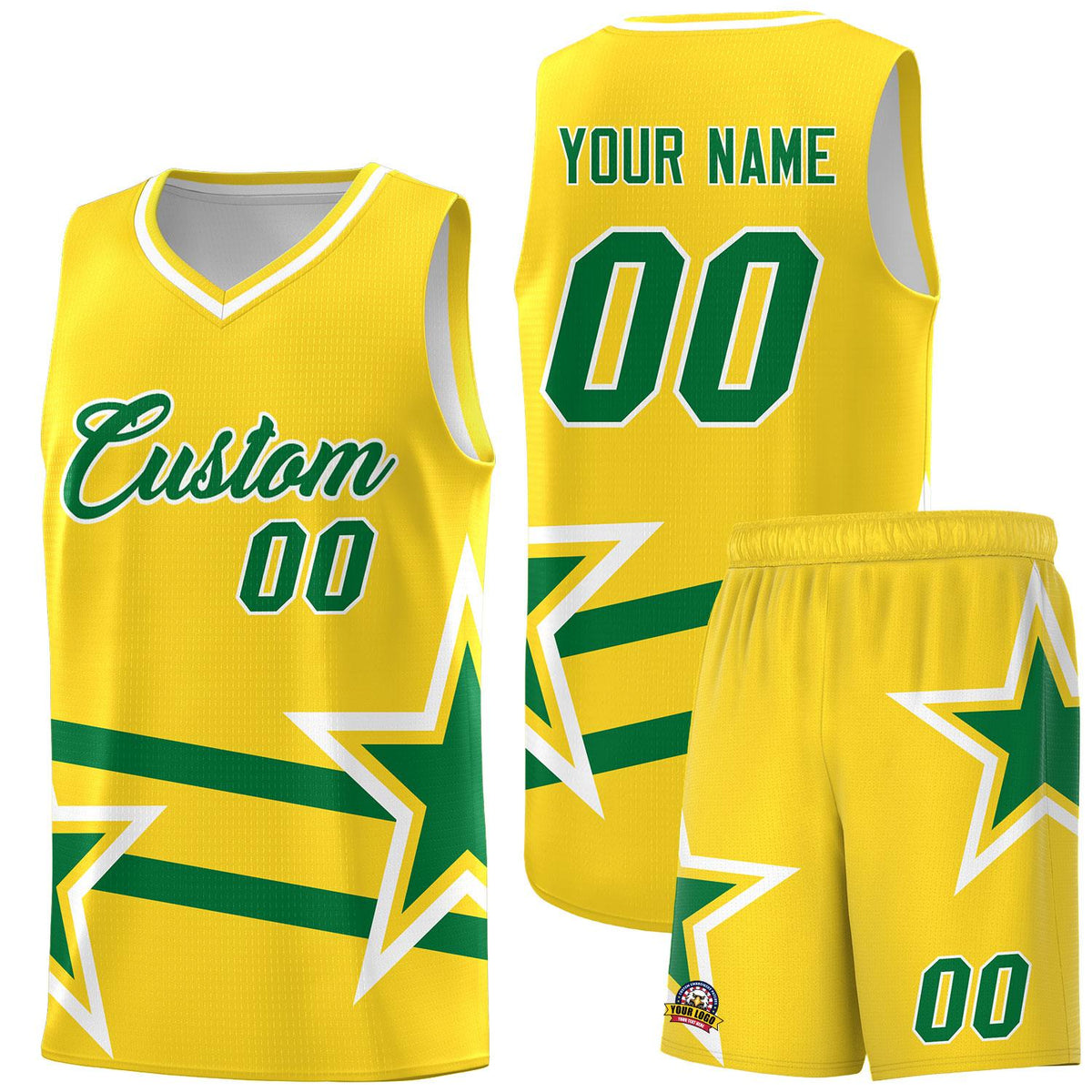 Custom Gold Basketball Kits With Kelly Green Star Pattern And Double Lines