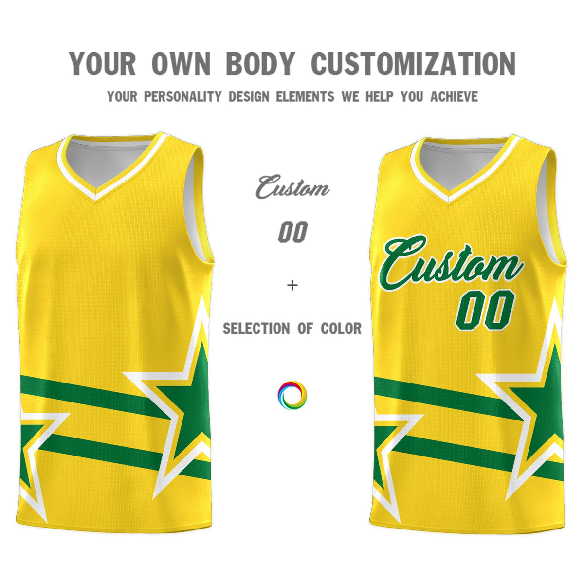 Custom Gold Basketball Kits With Kelly Green Star Pattern And Double Lines