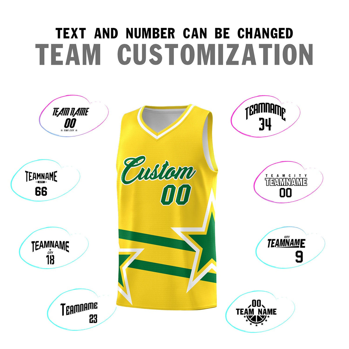 Custom Gold Basketball Kits With Kelly Green Star Pattern And Double Lines