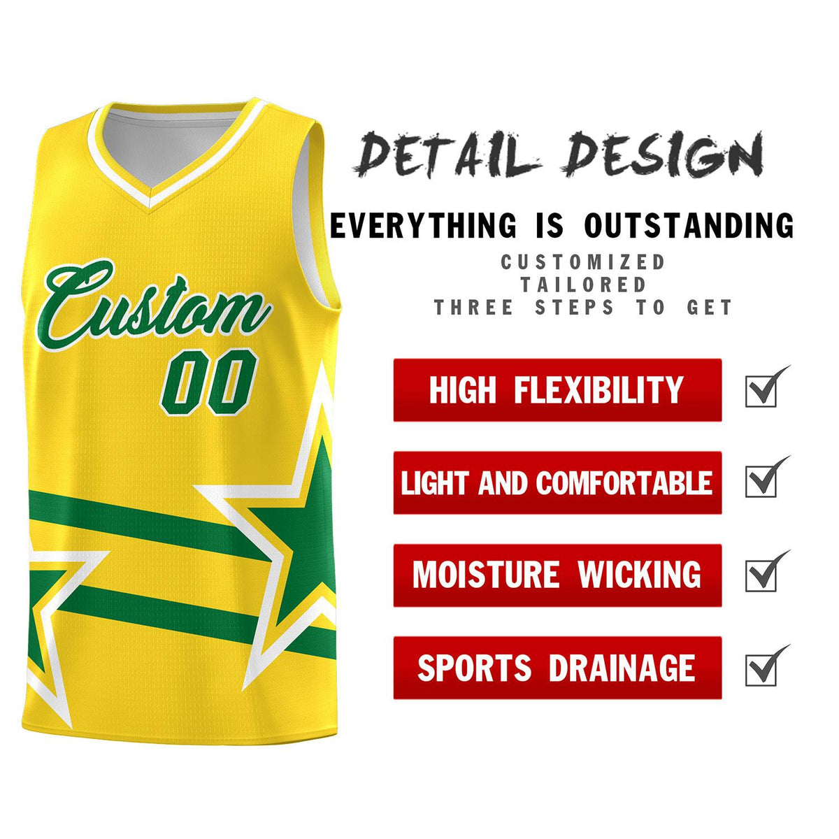 Custom Gold Basketball Kits With Kelly Green Star Pattern And Double Lines