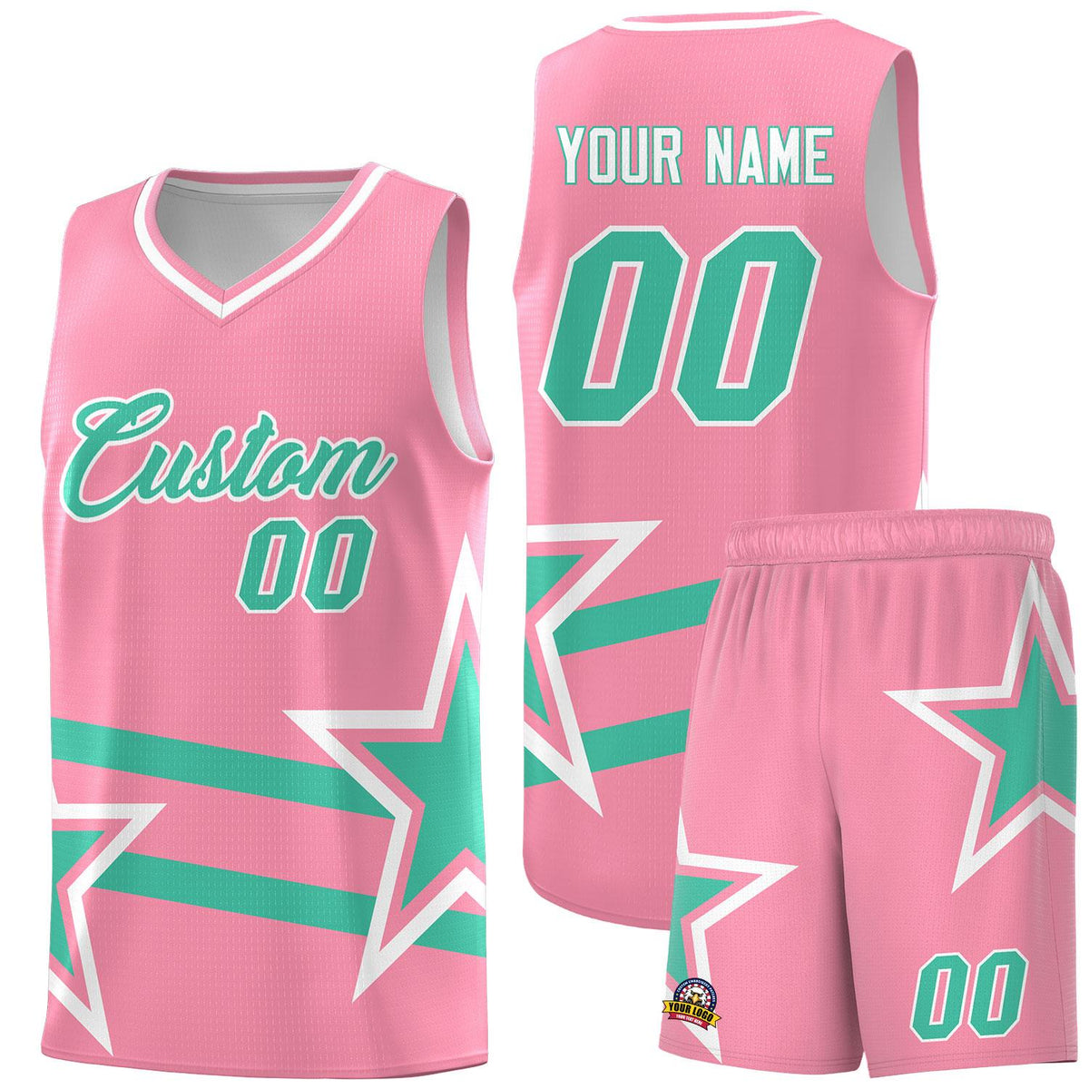 Custom Light Pink Basketball Kits With Bright Green Star Pattern And Double Lines