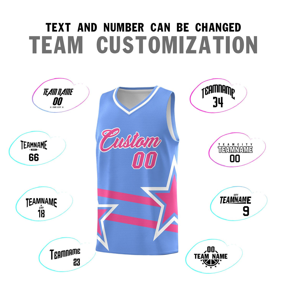 Custom Light Blue Basketball Kits With Pink Star Pattern And Double Lines