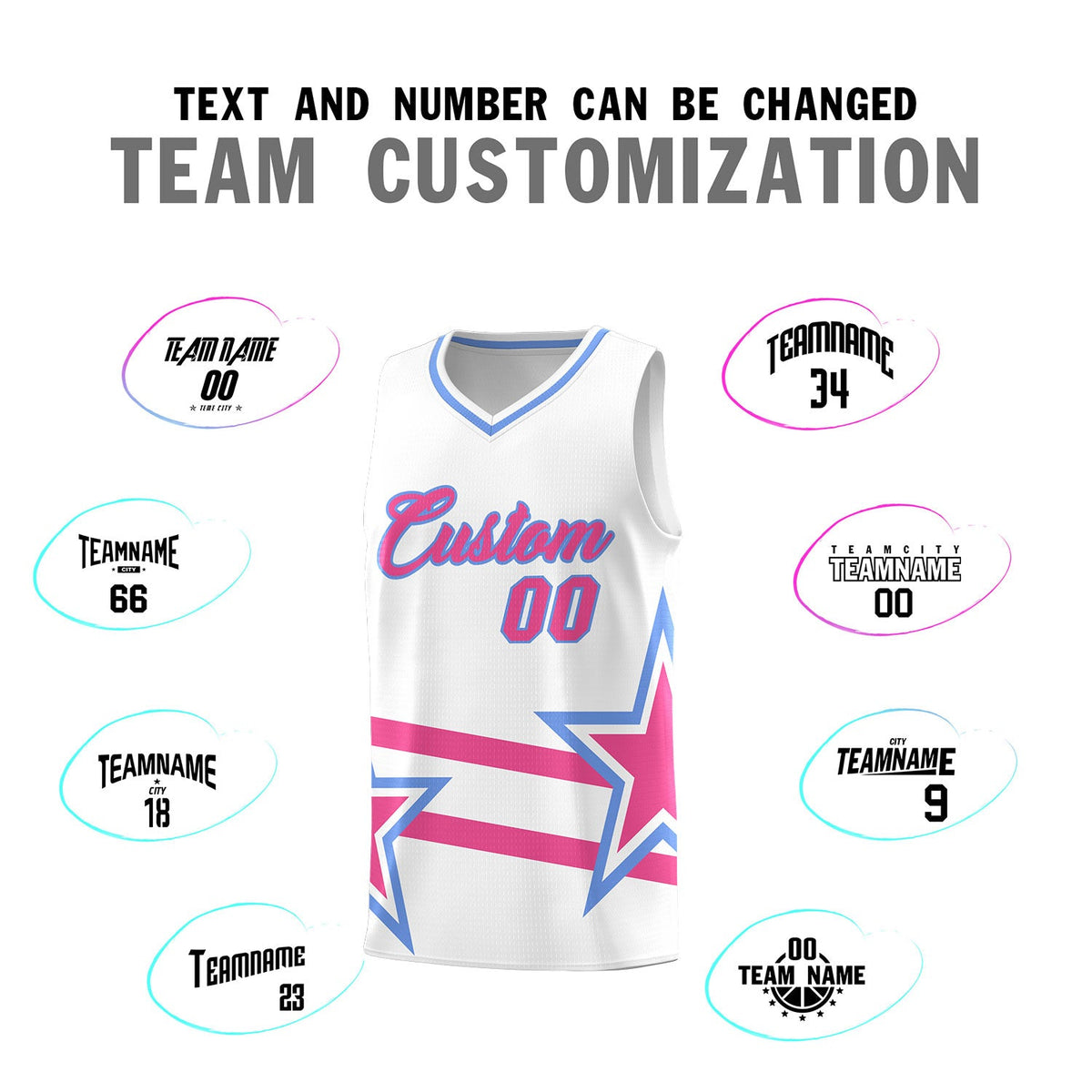 Custom White Basketball Kits With Pink Star Pattern And Double Lines