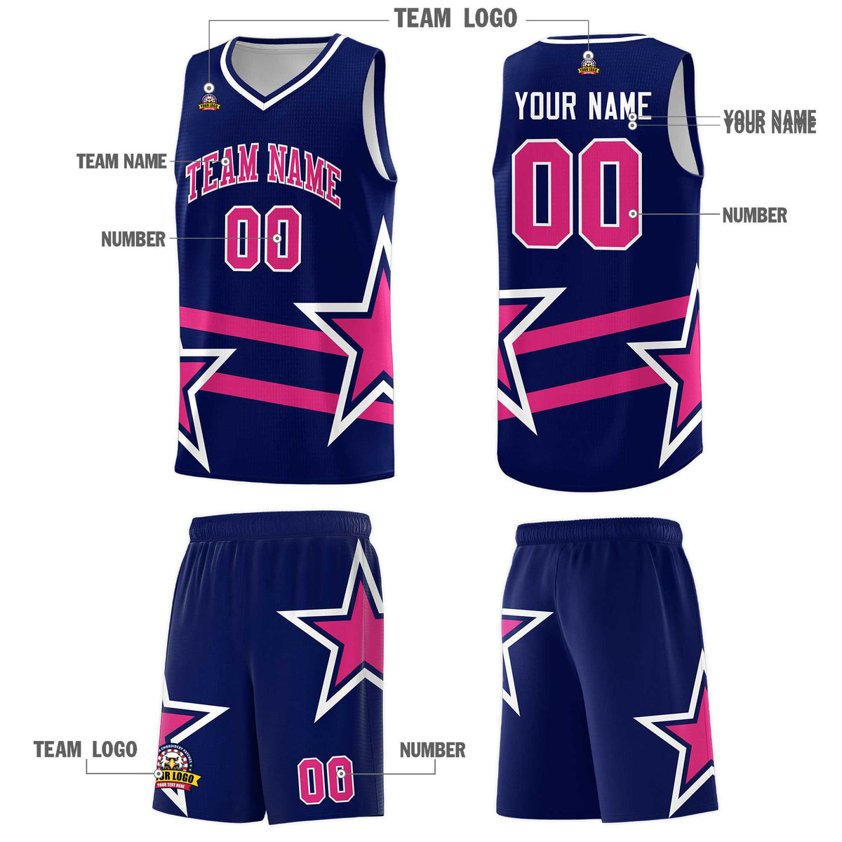 Custom Navy Basketball Kits With Rose Red Star Pattern And Double Lines