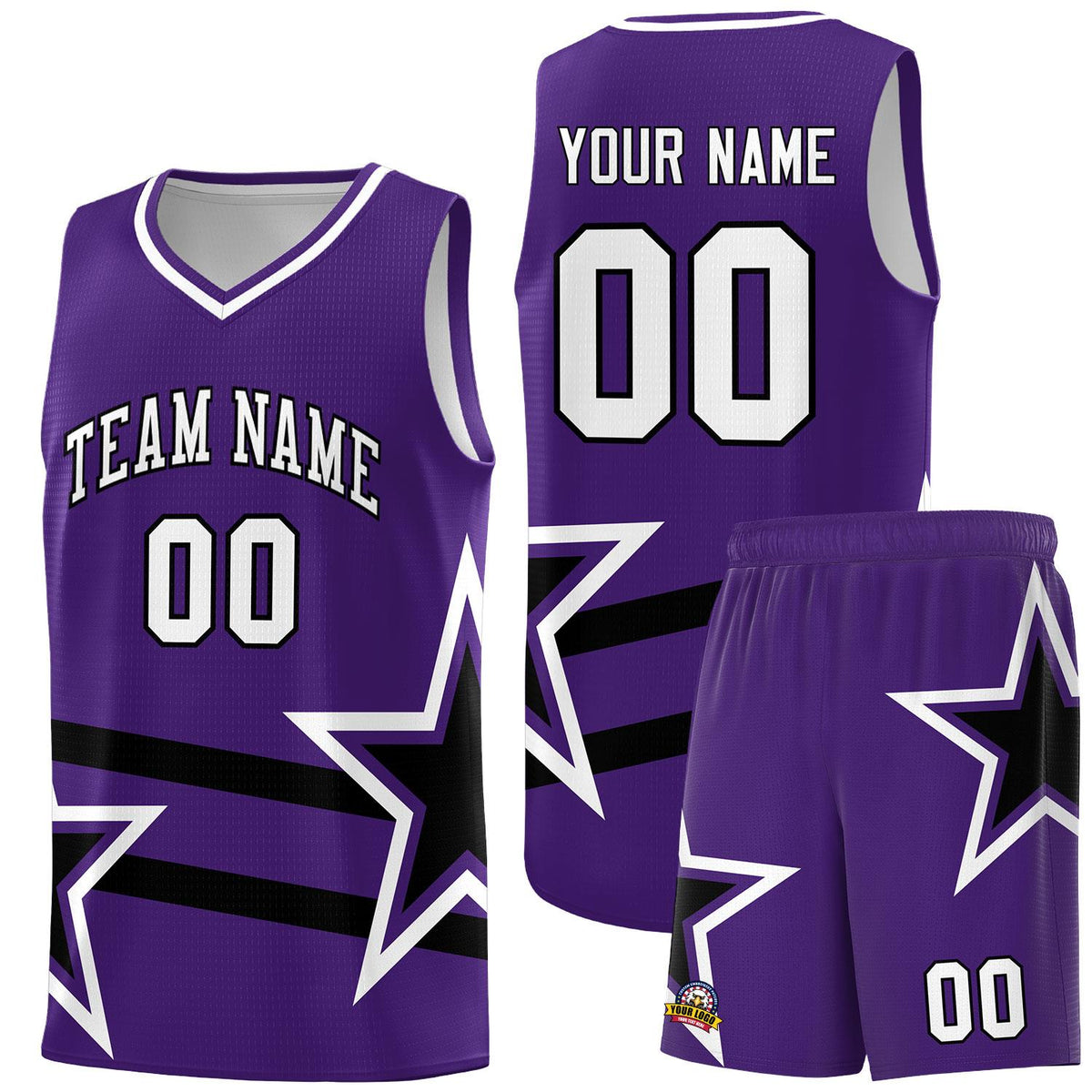 Custom Purple Basketball Kits With Black Star Pattern And Double Lines