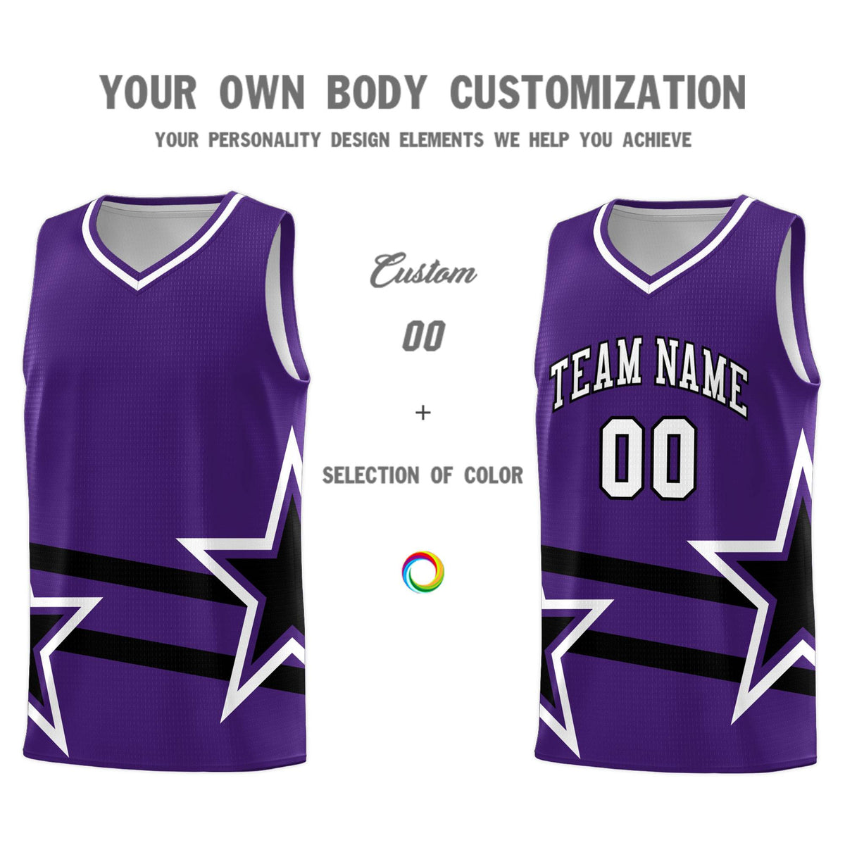 Custom Purple Basketball Kits With Black Star Pattern And Double Lines