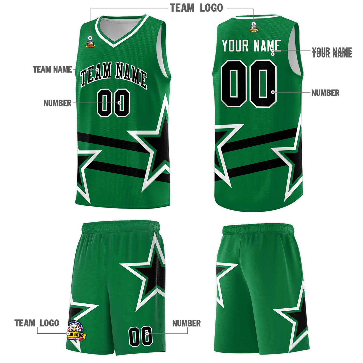 Custom Kelly Green Basketball Kits With Black Star Pattern And Double Lines