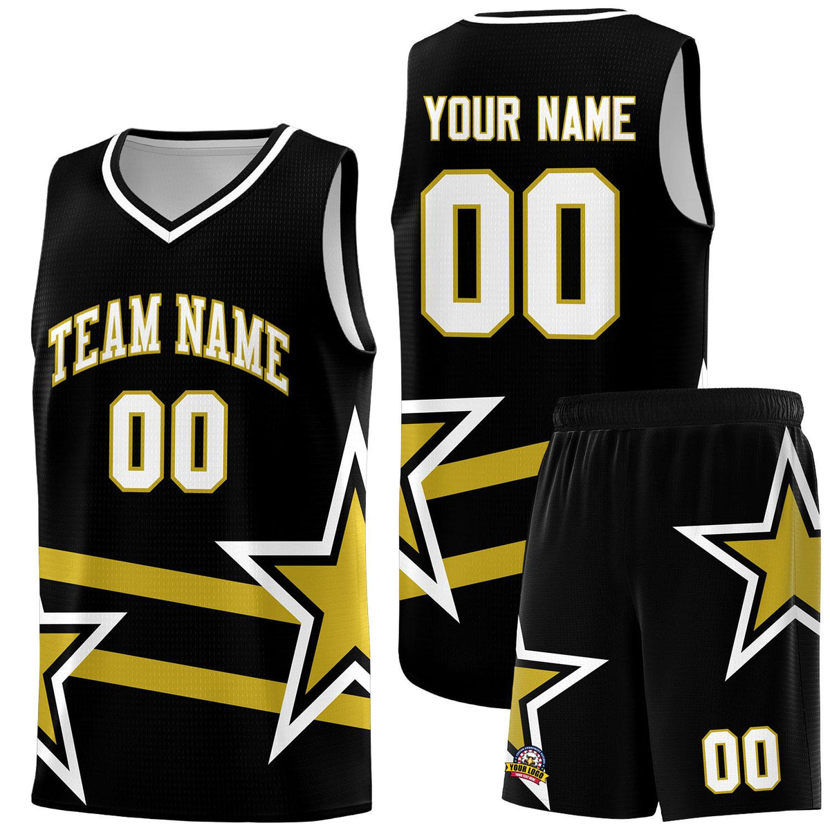 Custom Black Basketball Kits With Old Gold Star Pattern And Double Lines