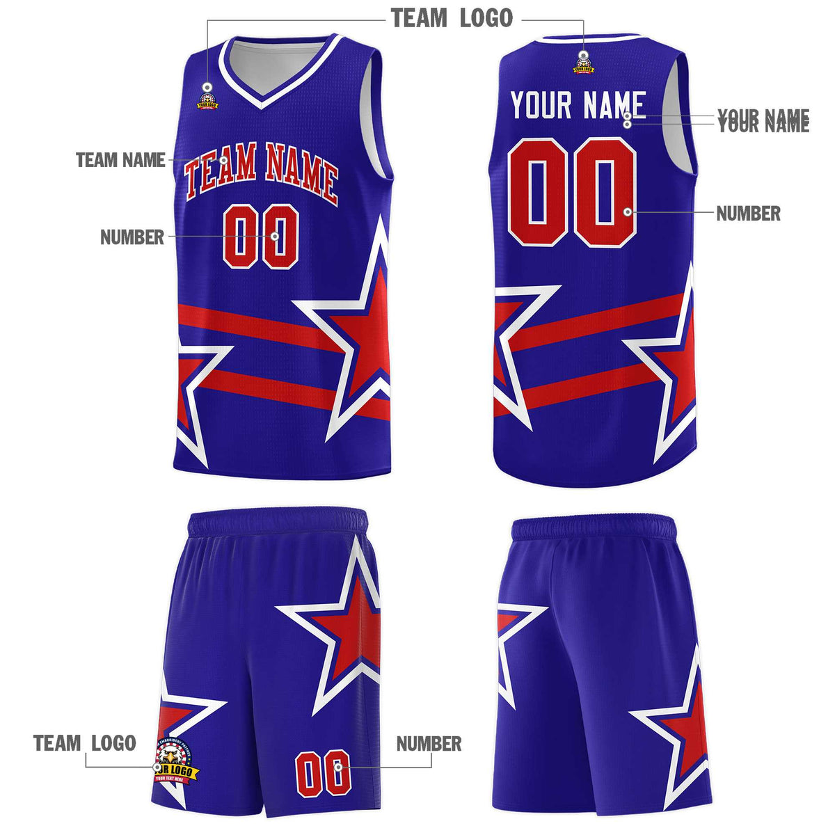 Custom Royal Basketball Kits With Red Star Pattern And Double Lines