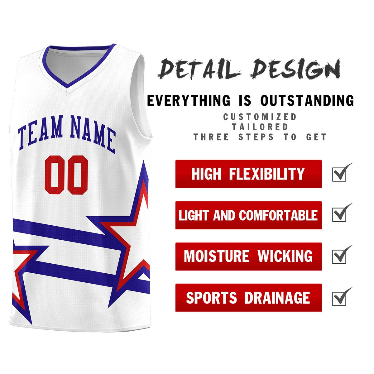 Custom Red Basketball Kits With Royal Star Pattern And Double Lines