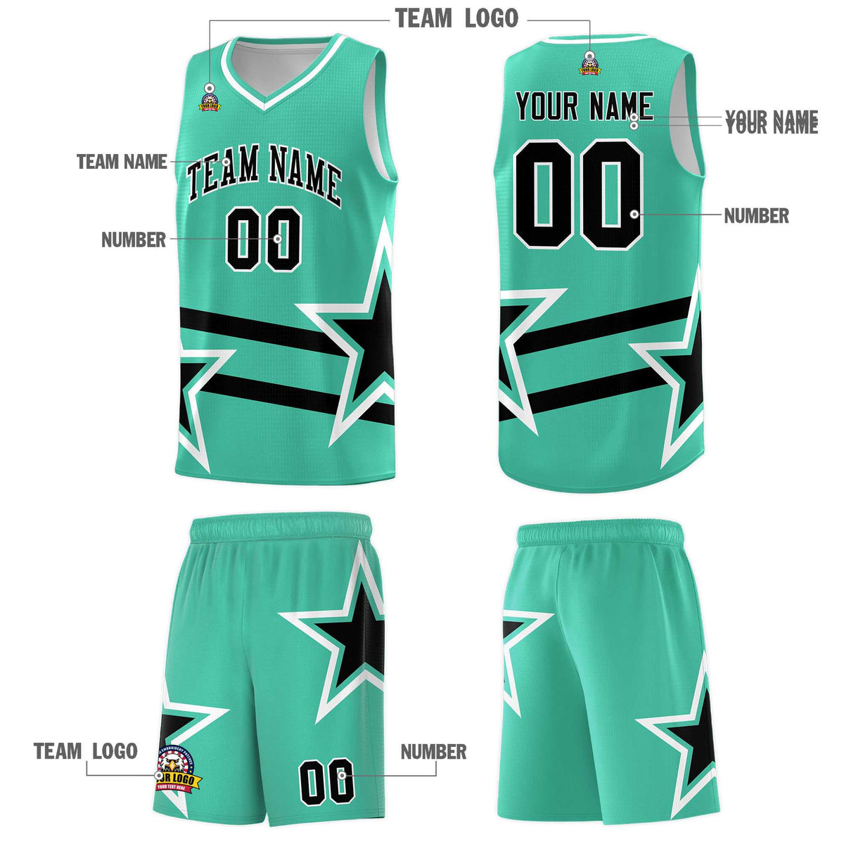 Custom Bright Green Basketball Kits With Black Star Pattern And Double Lines