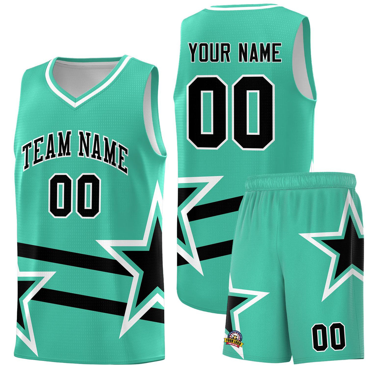 Custom Bright Green Basketball Kits With Black Star Pattern And Double Lines